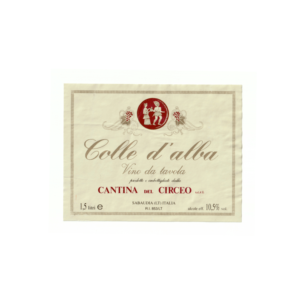 Il vino bianco Colle d'Alba, prodotto a Sabaudia, in Italia, presenta un'etichetta rettangolare realizzata in carta patinata lucida e stampata con tecnologia Offset.