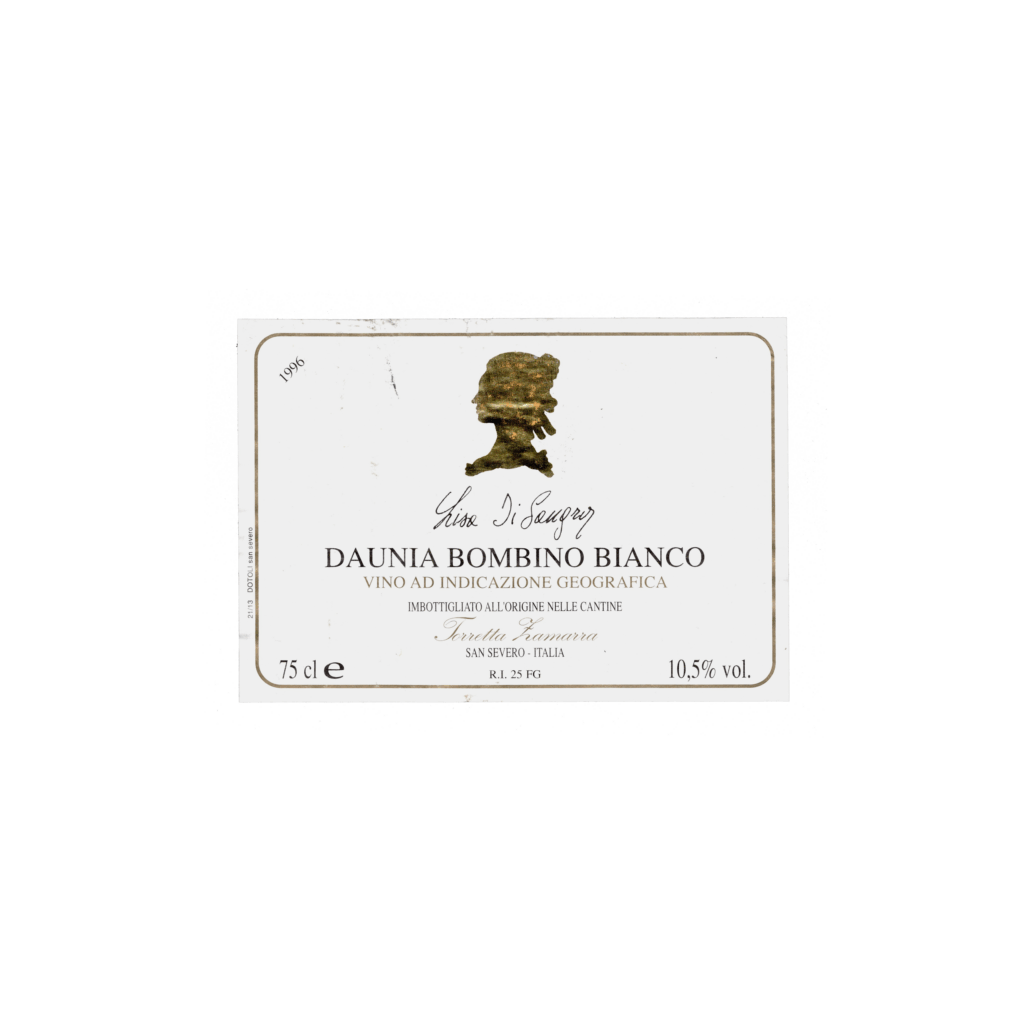 Il vino bianco Lisa Di Sangro, prodotto a San Severo, in Italia, presenta un'etichetta rettangolare realizzata in carta patinata opaca e stampata con tecnologia tipografica.