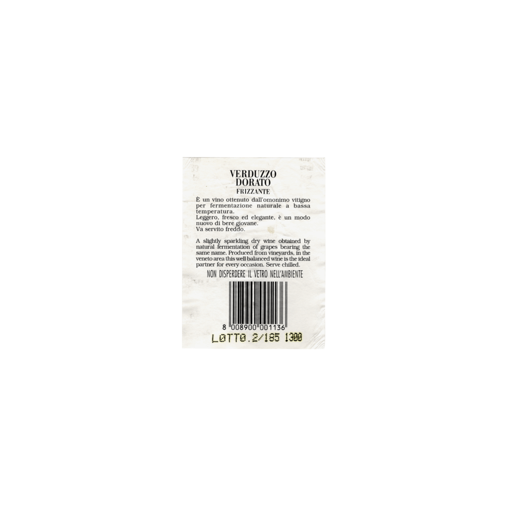Il vino bianco Verduzzo Dorato, prodotto a N/A, in N/A, presenta un'etichetta rettangolare realizzata in carta patinata opaca e stampata con tecnologia offset.