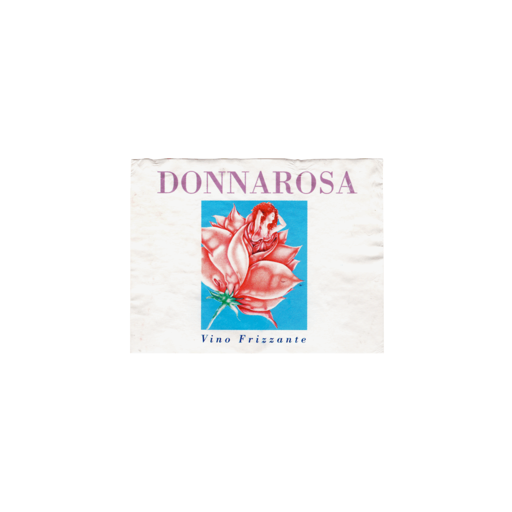 Il vino rosato Donnarosa, prodotto a Miglianico, in Italia, presenta un'etichetta rettangolare realizzata in carta patinata opaca e stampata con tecnologia offset.