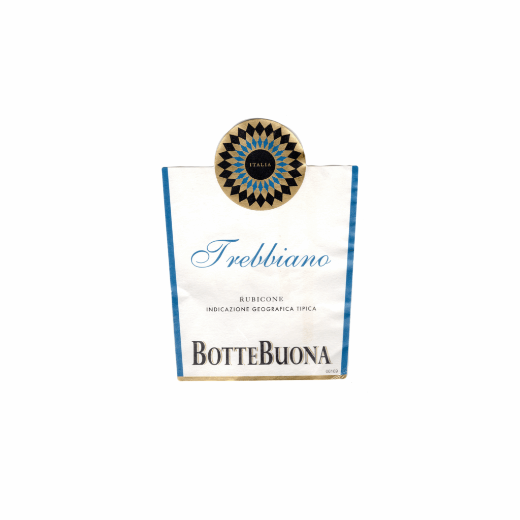 Il vino bianco Botte Buona Trebbiano, prodotto a Forlì, in Italia, presenta un'etichetta rettangolare realizzata in carta patinata opaca e stampata con tecnologia offset.