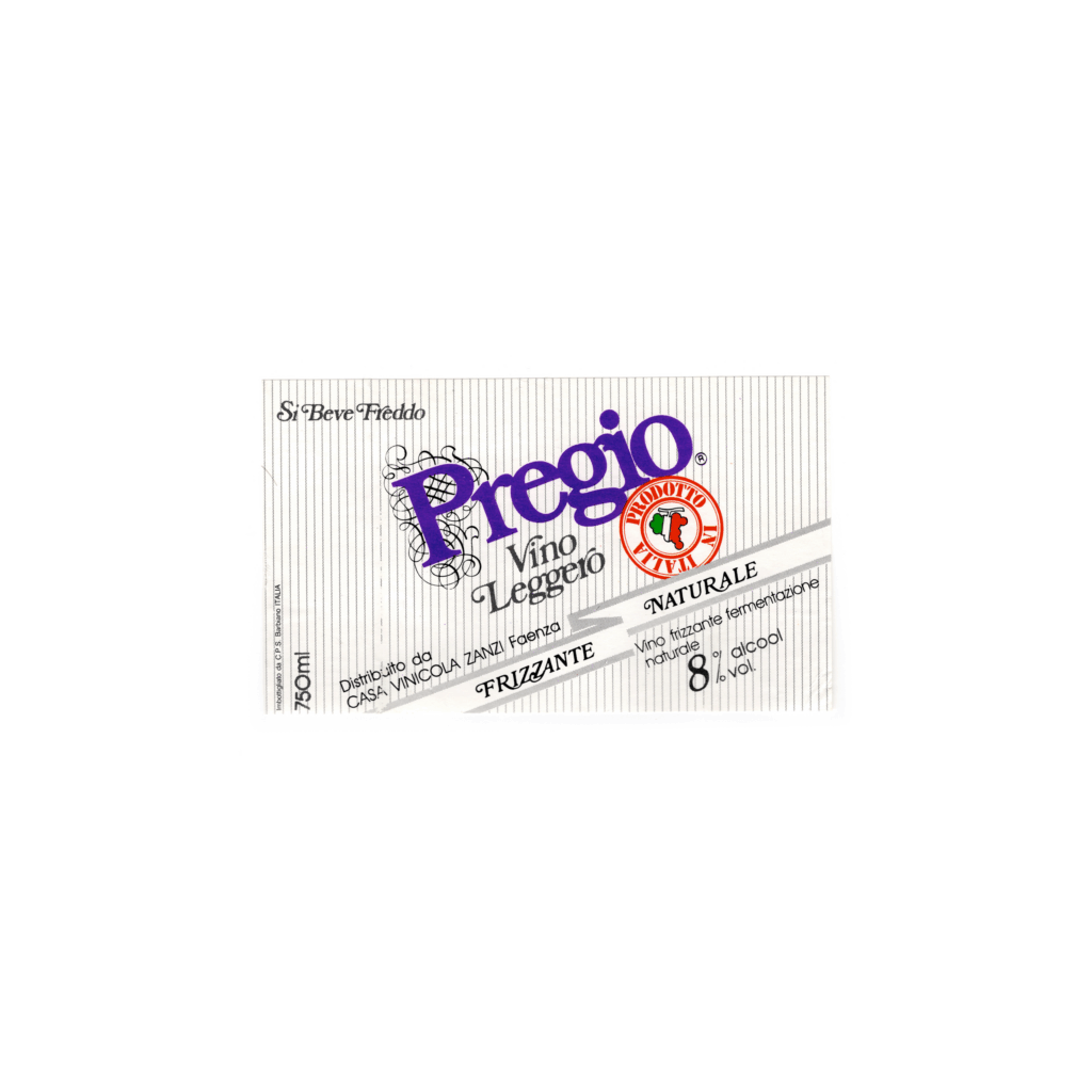 Il N/A Pregio, prodotto a Modena, in Italia, presenta un'etichetta rettangolare realizzata in carta patinata opaca e stampata con tecnologia offset.
