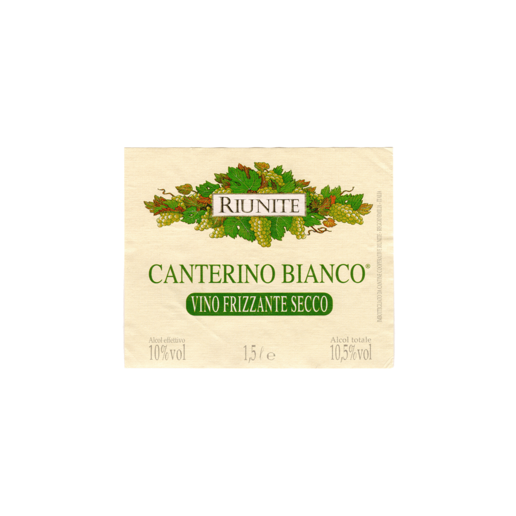 Il vino bianco Canterino Bianco, prodotto a N/A, in Italia, presenta un'etichetta rettangolare realizzata in carta patinata opaca e stampata con tecnologia offset.
