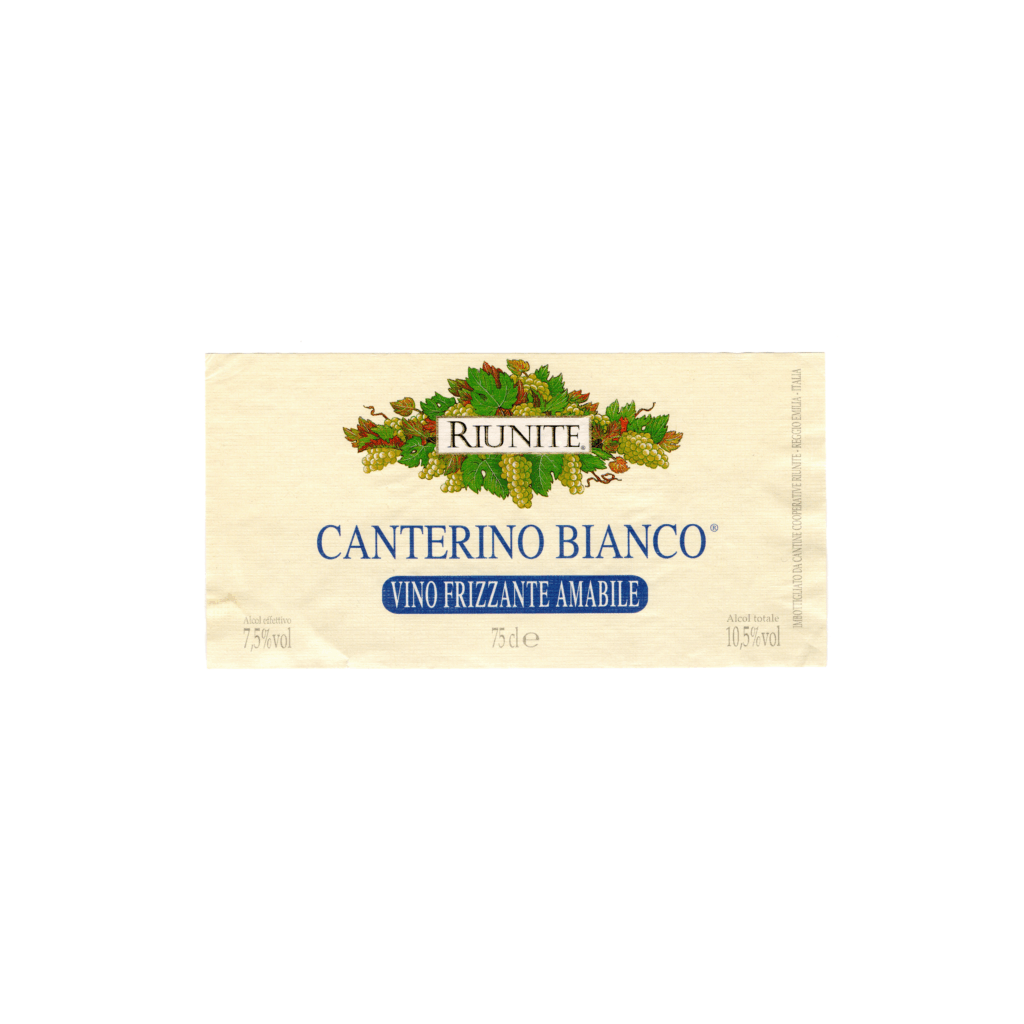 Il vino bianco Canterino Bianco, prodotto a N/A, in Italia, presenta un'etichetta rettangolare realizzata in carta patinata opaca e stampata con tecnologia offset.