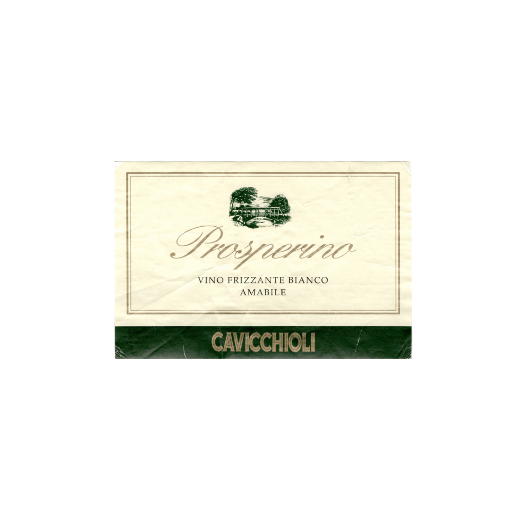 Il vino bianco Prosperino, prodotto a Modena, in Italia, presenta un'etichetta rettangolare realizzata in carta patinata opaca e stampata con tecnologia offset.