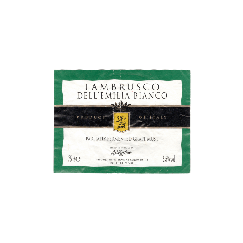 Il vino bianco Lambrusco dell'Emilia Bianco, prodotto a N/A, in Italia, presenta un'etichetta rettangolare realizzata in carta patinata lucida e stampata con tecnologia offset.