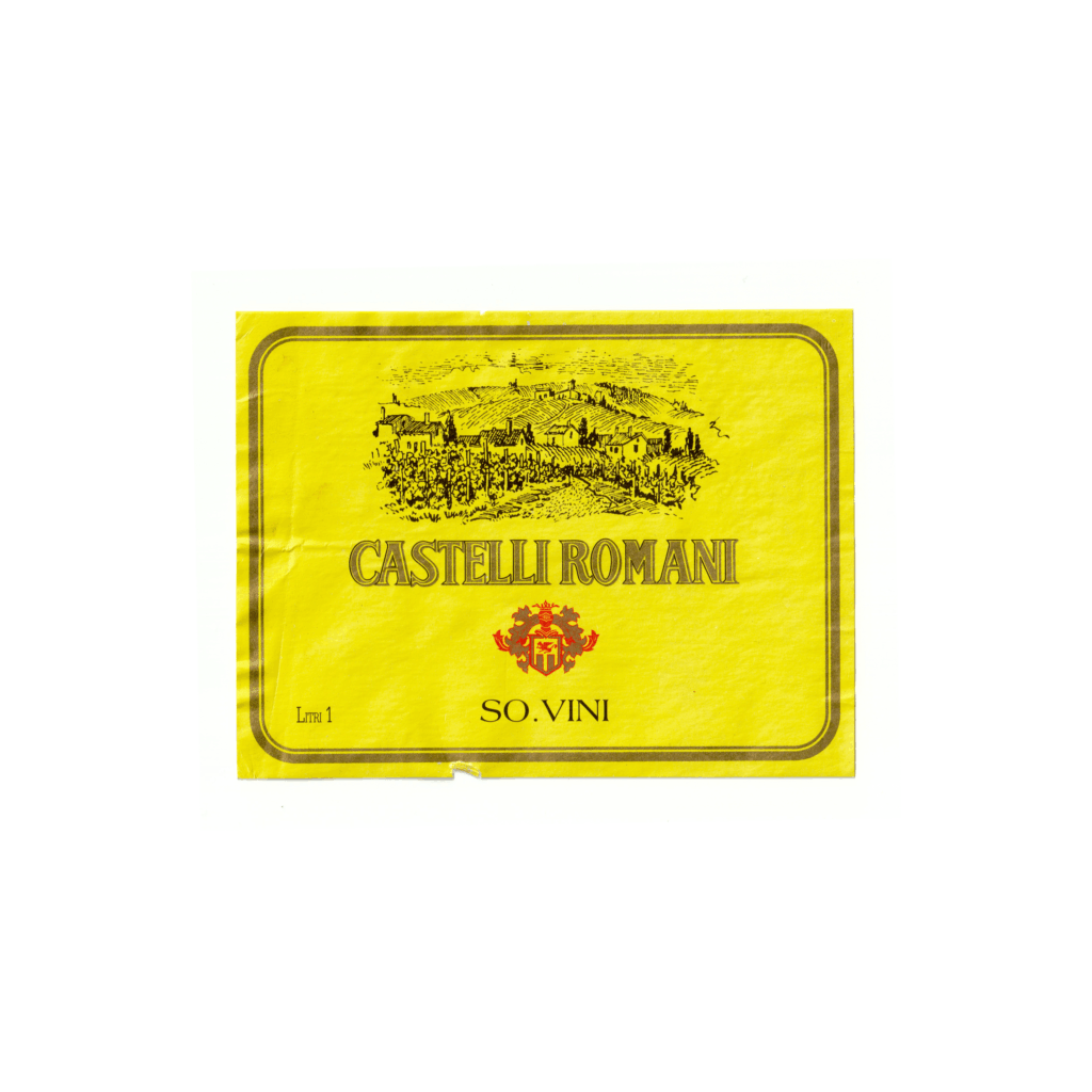 Il vino bianco Castelli Romani, prodotto a Chiari, in Italia, presenta un'etichetta rettangolare realizzata in carta patinata lucida e stampata con tecnologia offset.