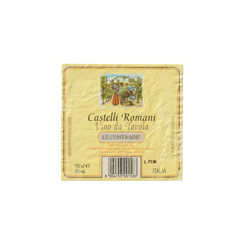 Il vino bianco Castelli Romani, prodotto a Velletri, in Italia, presenta un'etichetta rettangolare realizzata in carta vergata e stampata con tecnologia Offset.