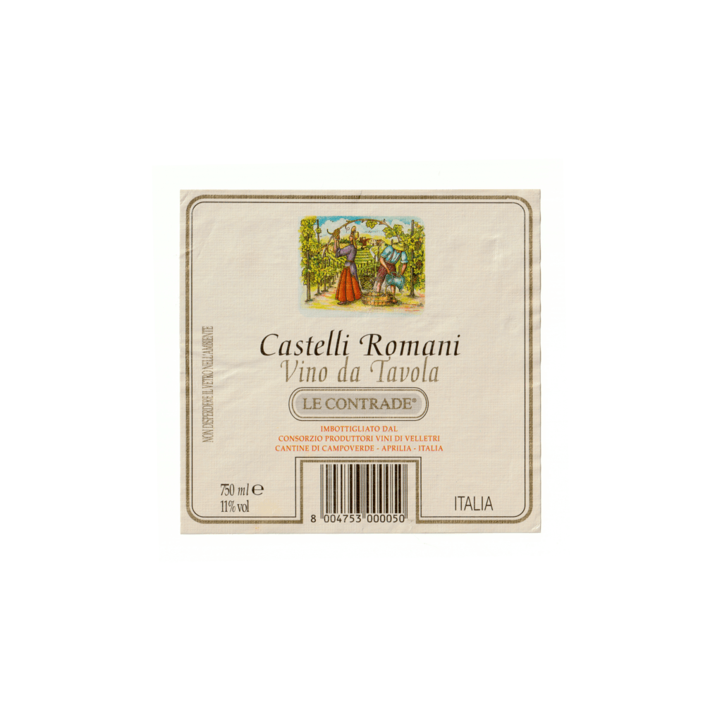 Il vino bianco Castelli Romani, prodotto a Velletri, in Italia, presenta un'etichetta rettangolare realizzata in carta vergata e stampata con tecnologia Offset.