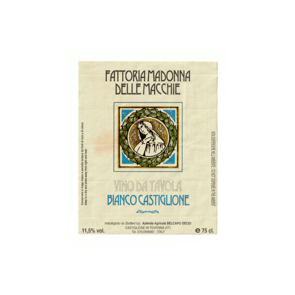 Il vino bianco Bianco Castiglione, prodotto a Castiglione in Teverina, in Italia, presenta un'etichetta rettangolare realizzata in carta marcata e stampata con tecnologia Offset.