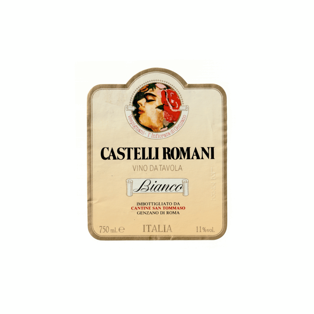 Il vino bianco Castelli Romani, prodotto a Genzano di Roma, in Italia, presenta un'etichetta altro realizzata in carta patinata lucida e stampata con tecnologia Offset.