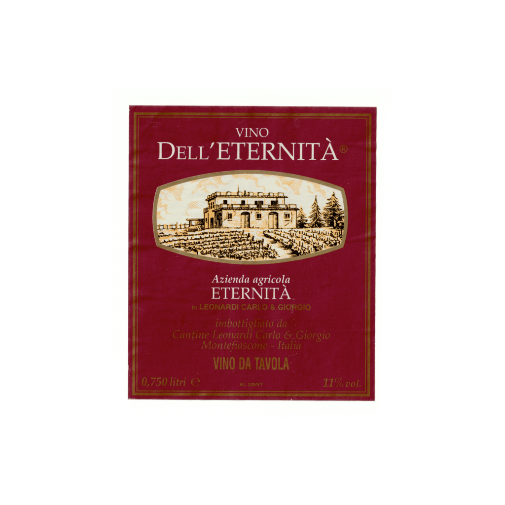 Il vino bianco Vino dell'Eternità, prodotto a Montefiascone, in Italia, presenta un'etichetta rettangolare realizzata in carta patinata lucida e stampata con tecnologia Offset.