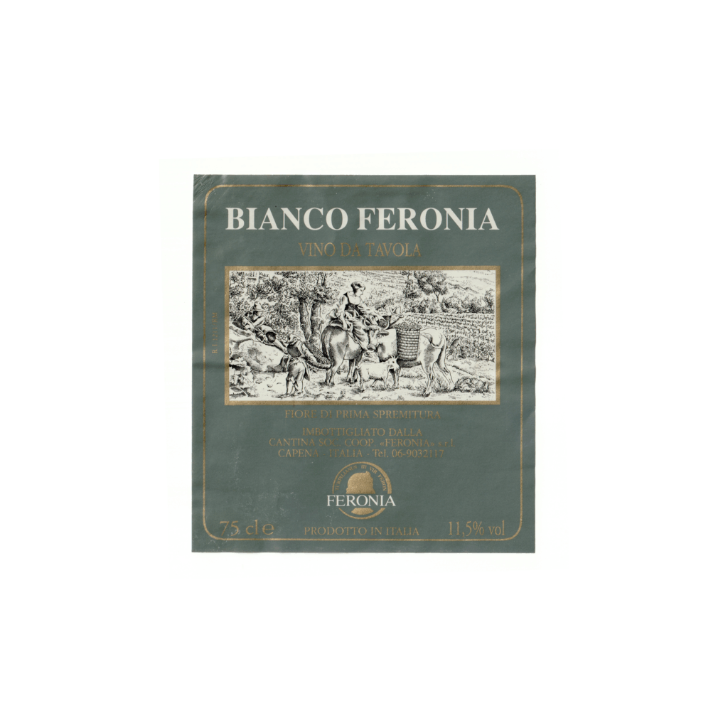 Il vino bianco Bianco Feronia, prodotto a Capena, in Italia, presenta un'etichetta rettangolare realizzata in carta patinata lucida e stampata con tecnologia Offset.
