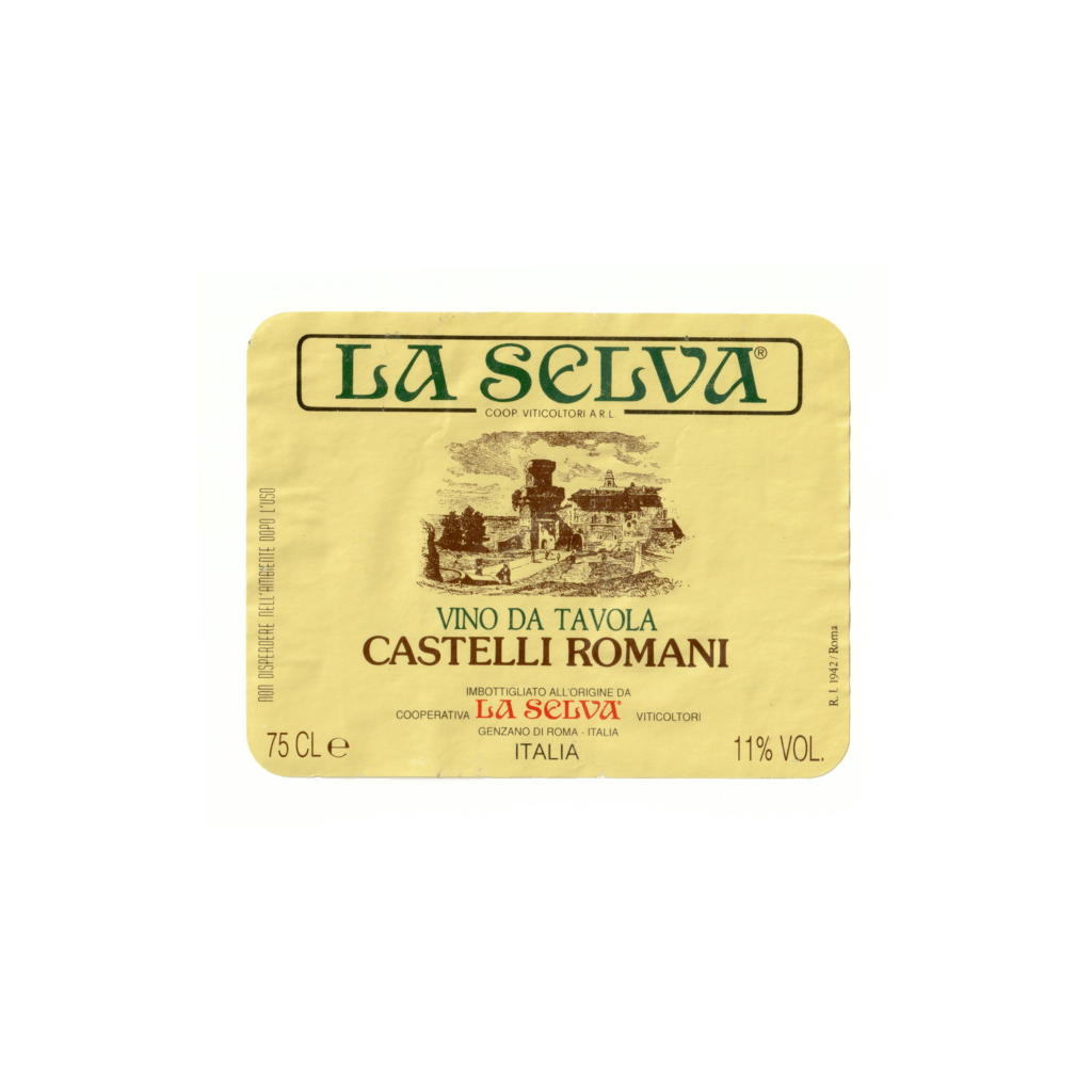 Il vino bianco Castelli Romani, prodotto a Genzano di Roma, in Italia, presenta un'etichetta rettangolare realizzata in carta patinata opaca e stampata con tecnologia Offset.