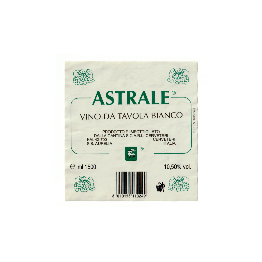 Il vino bianco ASTRALE, prodotto a Cerveteri, in Italia, presenta un'etichetta rettangolare realizzata in carta patinata lucida e stampata con tecnologia Offset.