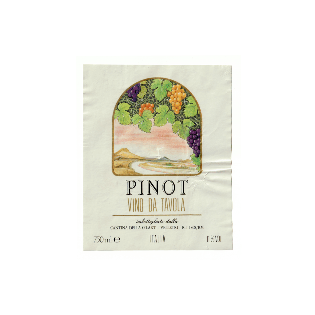 Il vino bianco Pinot, prodotto a Velletri, in Italia, presenta un'etichetta rettangolare realizzata in carta patinata lucida e stampata con tecnologia Offset.