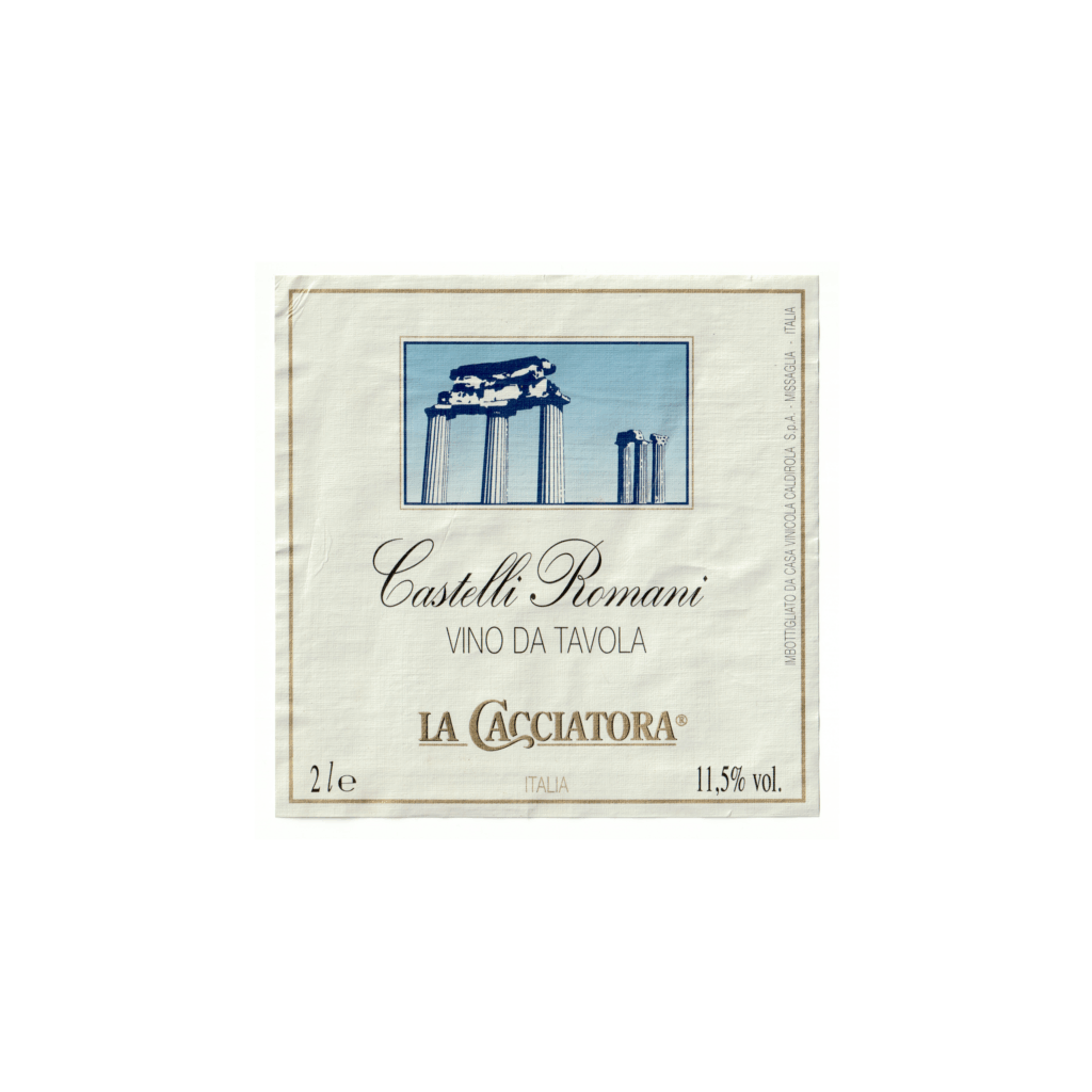 Il vino bianco Castelli Romani, prodotto a Caldirola, in Italia, presenta un'etichetta quadrata realizzata in carta vergata e stampata con tecnologia Offset.