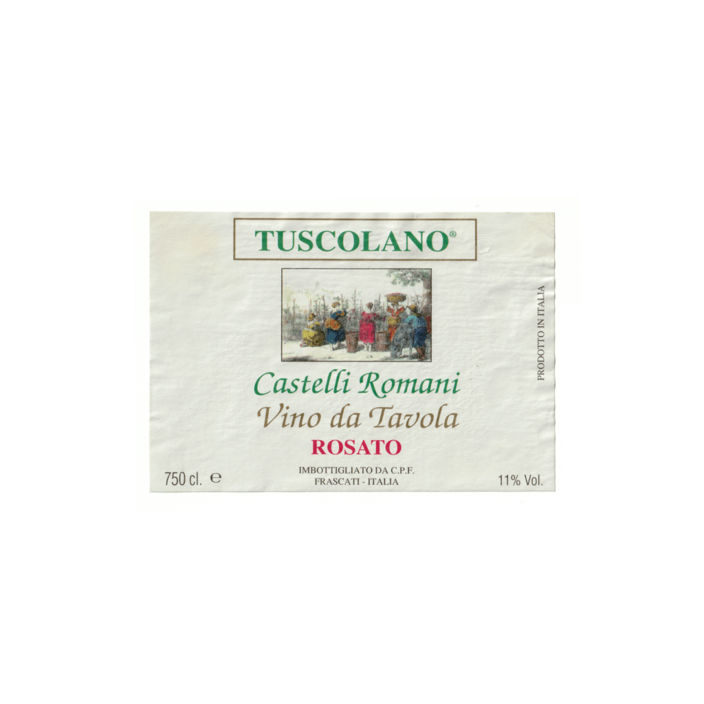 Il vino rosato Tuscolano – Castelli Romani, prodotto a Frascati, in Italia, presenta un'etichetta rettangolare realizzata in carta usomano e stampata con tecnologia Offset.