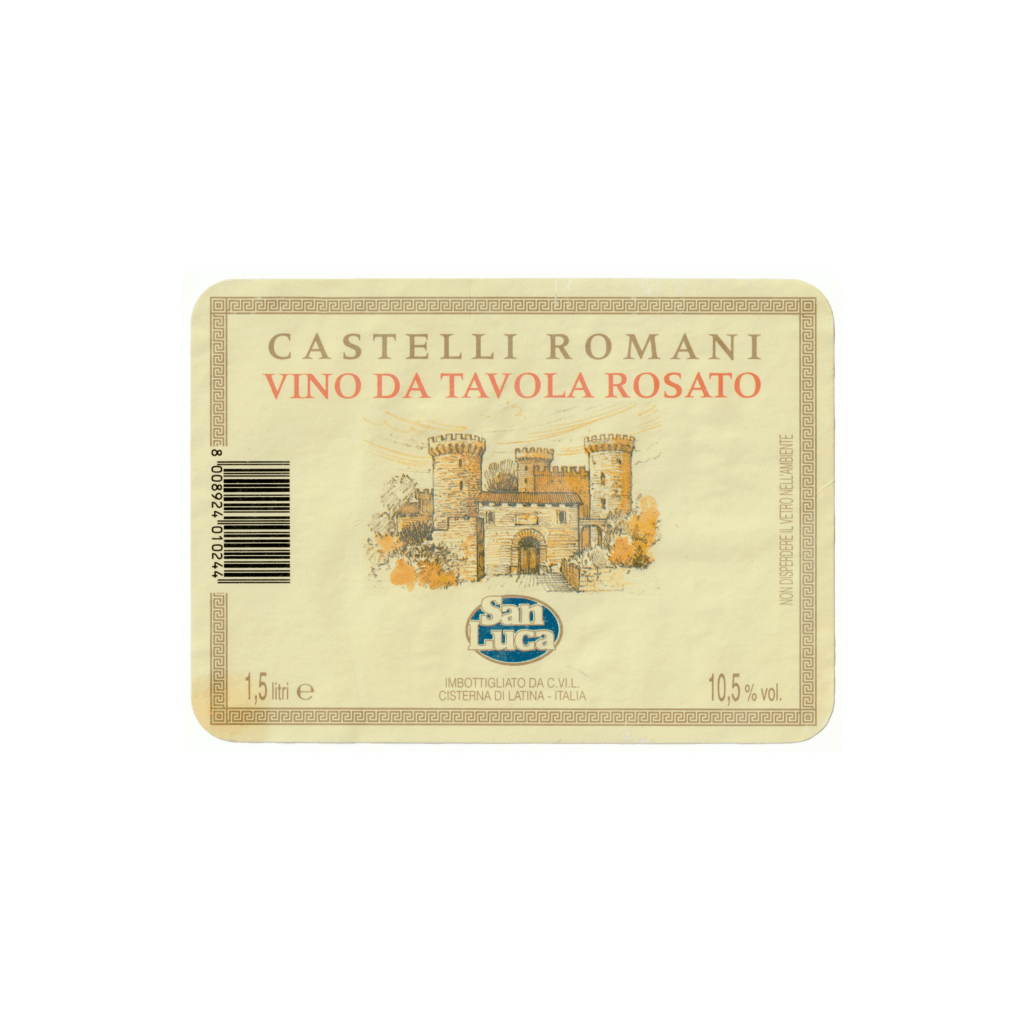 Il vino rosato Castelli Romani, prodotto a Cisterna di Latina, in Italia, presenta un'etichetta rettangolare realizzata in carta patinata opaca e stampata con tecnologia Offset.