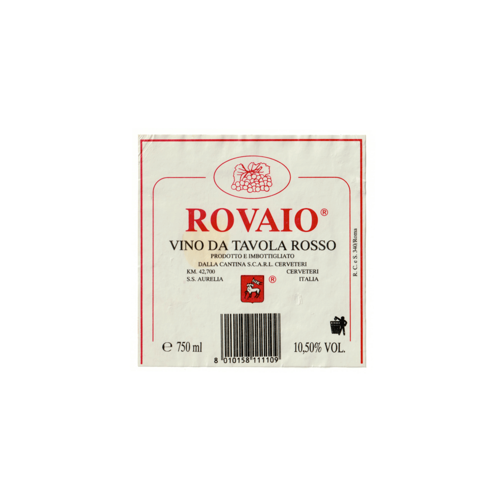 Il vino rosso Rovaio, prodotto a Cerveteri, in Italia, presenta un'etichetta quadrata realizzata in carta patinata lucida e stampata con tecnologia Offset.