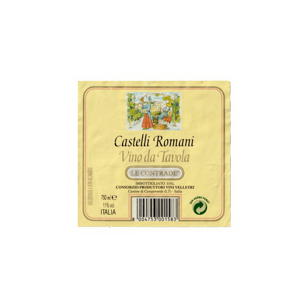 Il vino rosso Castelli Romani, prodotto a Velletri, in Italia, presenta un'etichetta rettangolare realizzata in carta plastificata lucida e stampata con tecnologia Offset.
