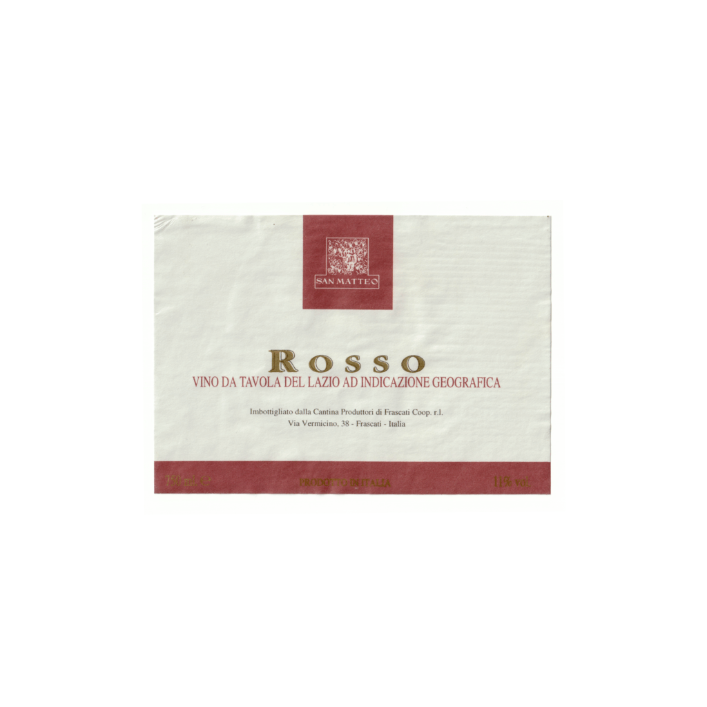 Il vino rosso Rosso, prodotto a N/A, in Italia, presenta un'etichetta rettangolare realizzata in carta usomano e stampata con tecnologia Offset.