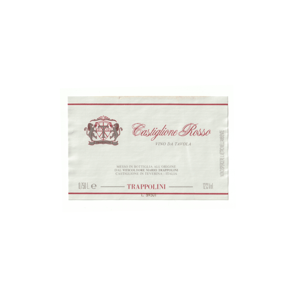 Il vino rosso Castiglione Rosso, prodotto a Castiglione in Teverina, in Italia, presenta un'etichetta rettangolare realizzata in carta marcata e stampata con tecnologia Offset.