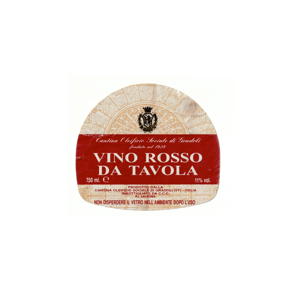 Il vino rosso Vino rosso da tavola, prodotto a Gradoli, in Italia, presenta un'etichetta altro realizzata in carta plastificata lucida e stampata con tecnologia Offset.