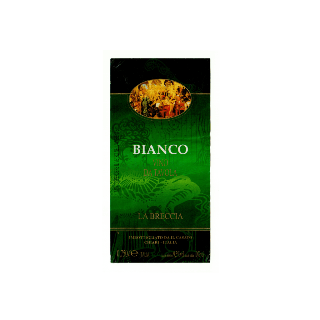 Il vino bianco La Breccia – Bianco, prodotto a Chiari, in Italia, presenta un'etichetta rettangolare realizzata in carta marcata plastificata lucida e stampata con tecnologia Offset.