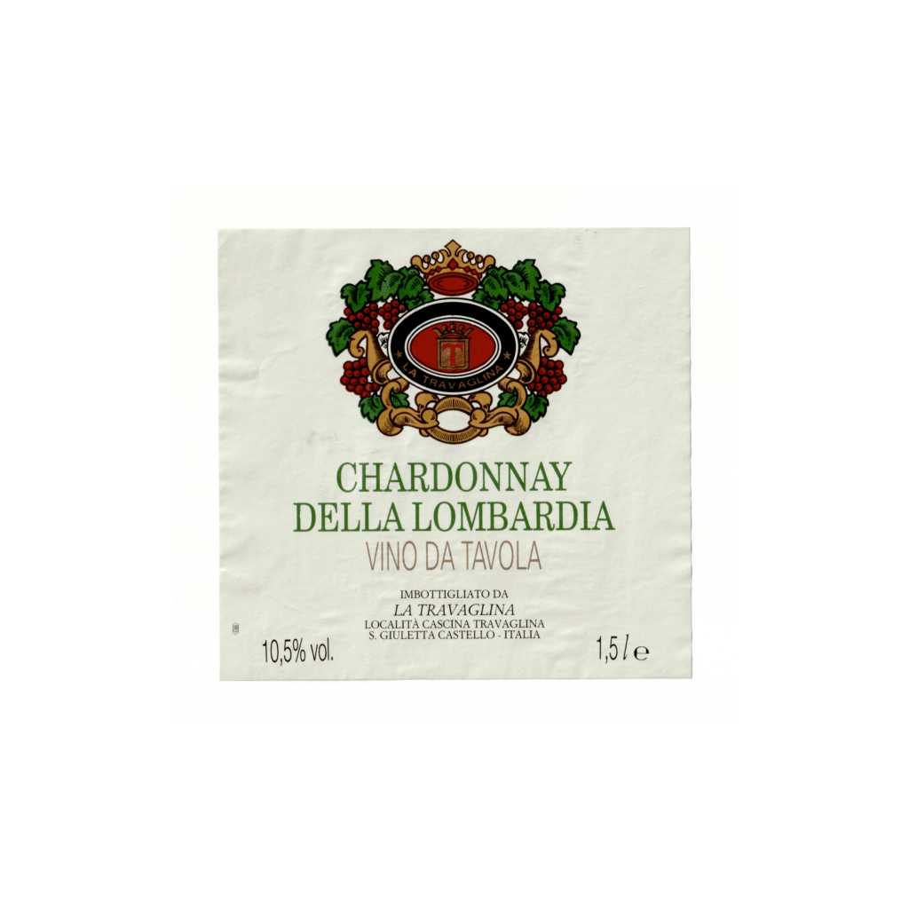Il vino bianco Chardonnay della Lombardia, prodotto a S. Giulietta Castello, in Italia, presenta un'etichetta rettangolare realizzata in carta patinata opaca e stampata con tecnologia Offset.